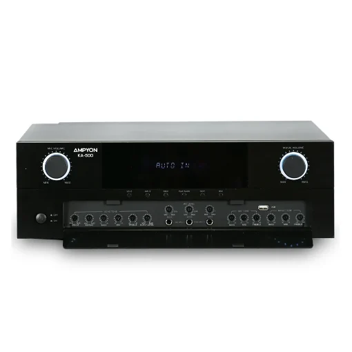 Ampyon KA-500 karaoke mixing amplifier front view showing LED display, mic volume control, music volume knob, and built-in echo tone adjustment panel