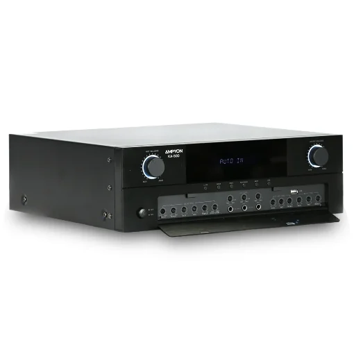 Angled view of Ampyon KA-500 karaoke mixing amplifier with fold-down front control panel, metal chassis design, and illuminated volume knobs