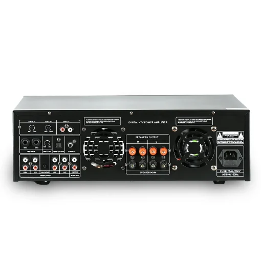 Rear view of Ampyon KA-500 digital karaoke power amplifier showing speaker outputs, microphone inputs, HDMI, optical, coaxial, RCA inputs, cooling fans, and power connector