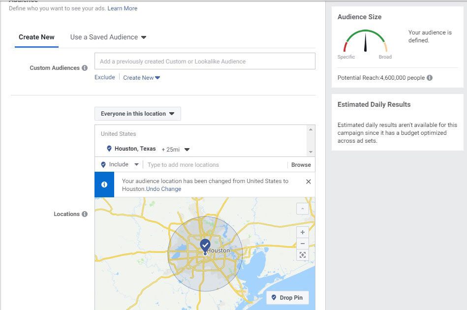 Facebook ads location for Houston, Texas 