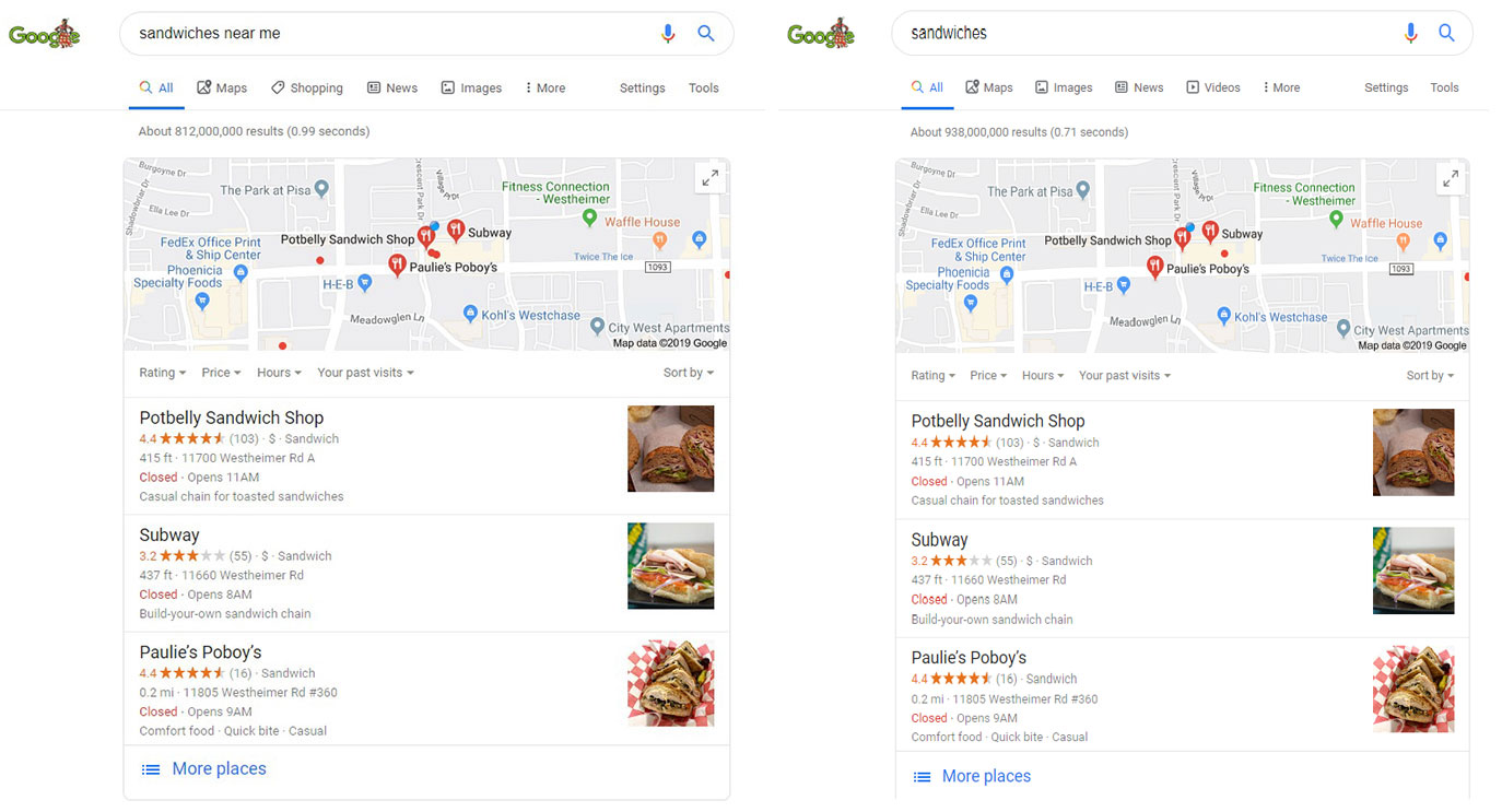 Google local search result for "sandwiches near me"